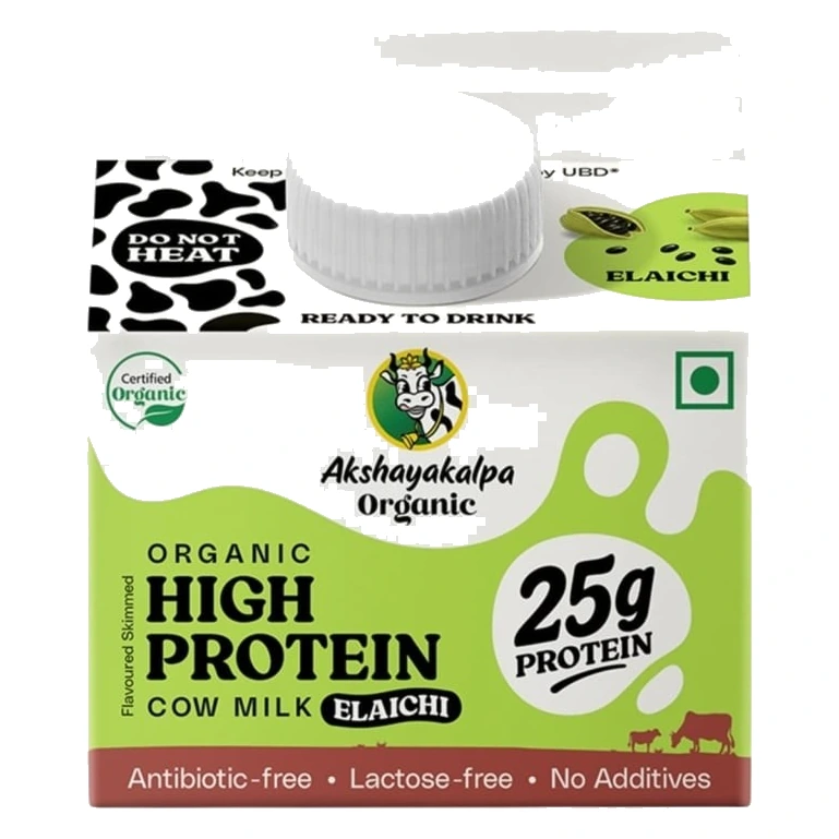 Akshayakalpa Organic High Protein Cow Milk (Elaichi) pack, front view
