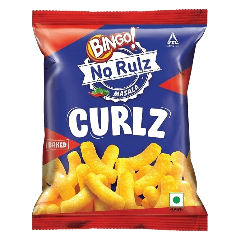 Bingo Baked No Rulz Masala Curlz Puffs pack, front view