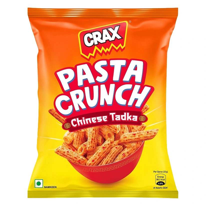 Crax Pasta Crunch Chinese Tadka Puffs pack, front view