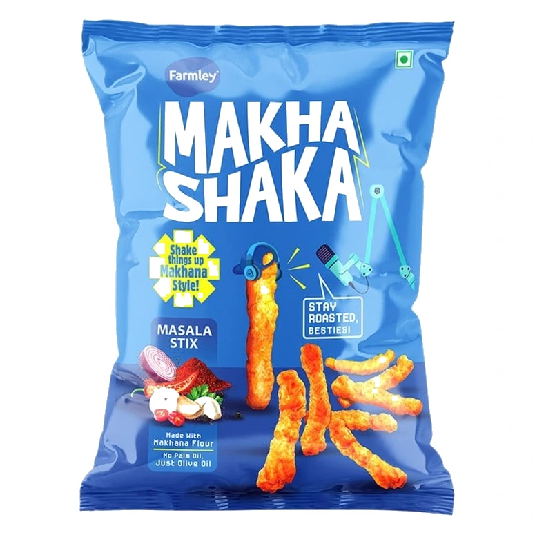 Farmley Makha Shaka Crisps Masala Stix pack, front view