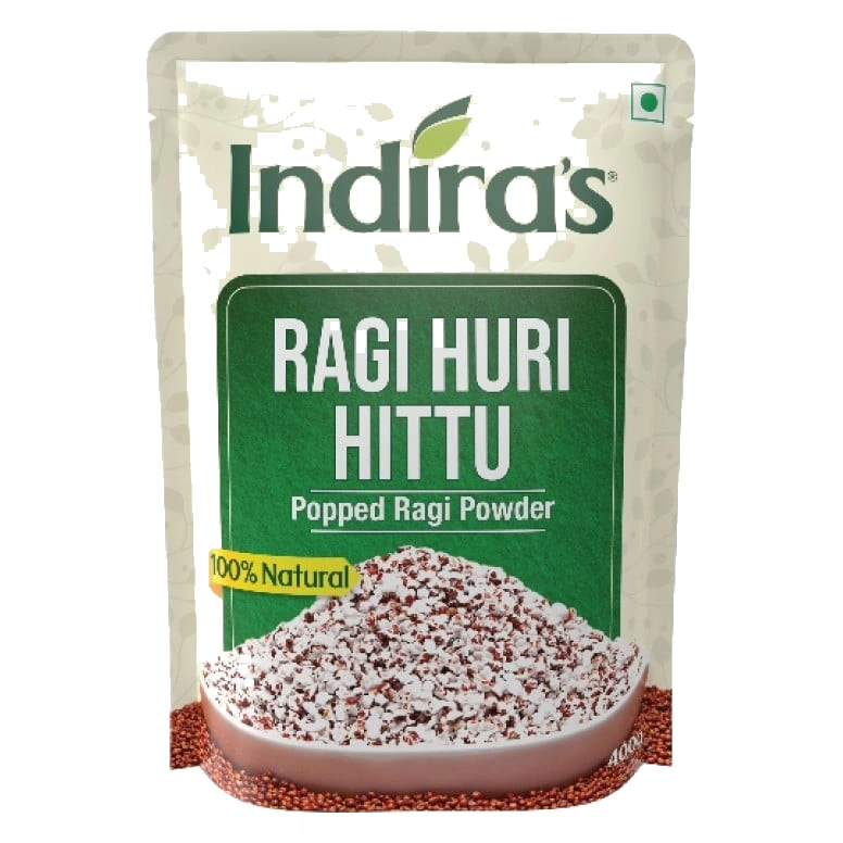 Indira's Ragi Huri Hittu (Popped Ragi Powder) pack, front view